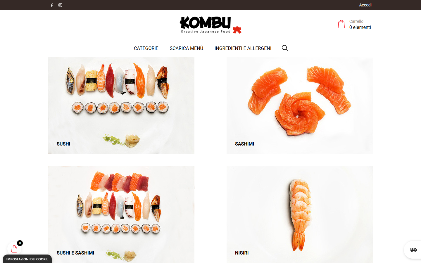 Homepage dell’ecommerce Kombu Sushi