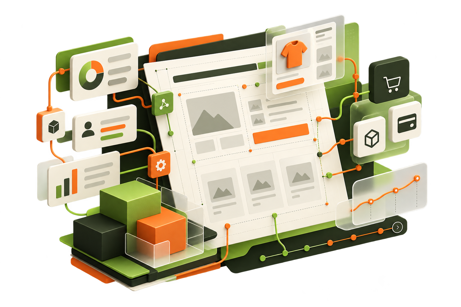 Architettura di un progetto PrestaShop composta da interfacce, moduli e flussi collegati